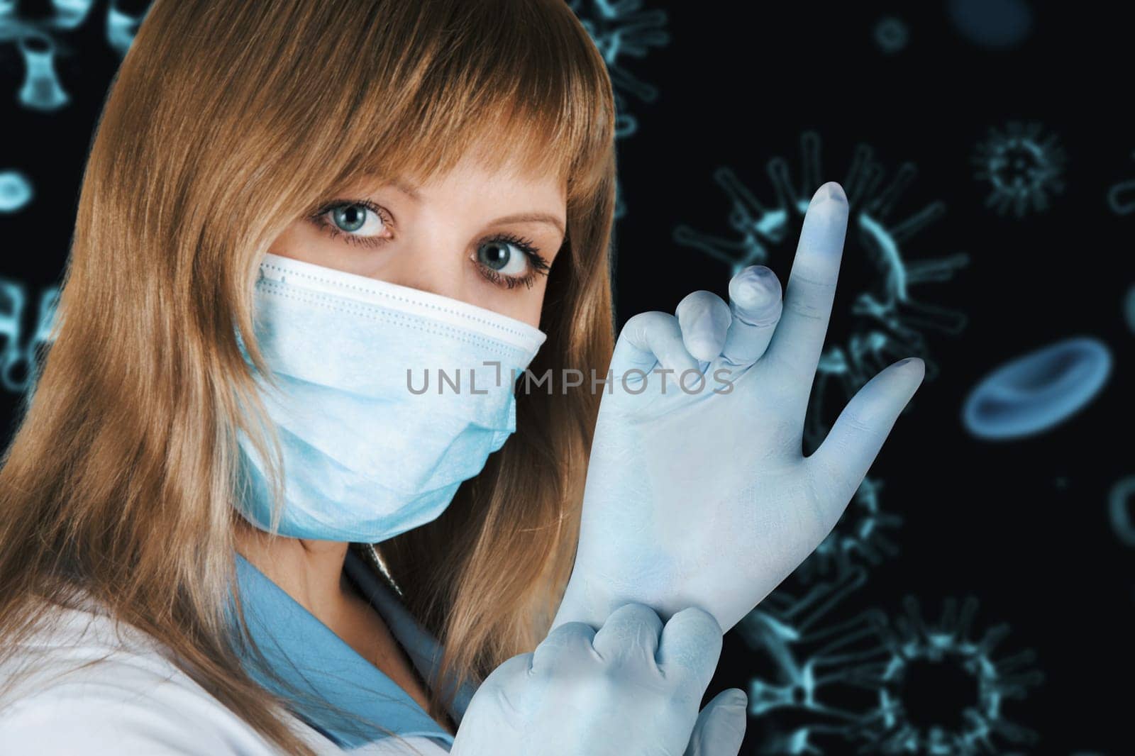 Female doctor with medical mask on 3d generated COVID-19 background background.