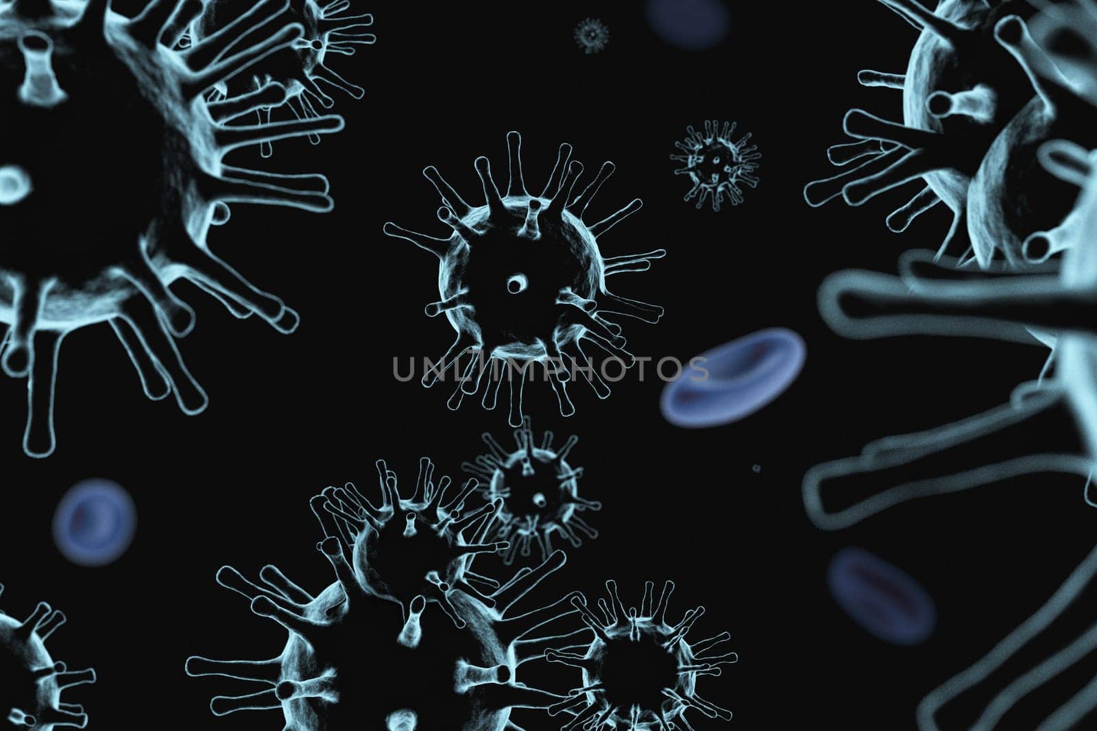 3D illustration of corona virus coronavirus COVID-2019 in microscope