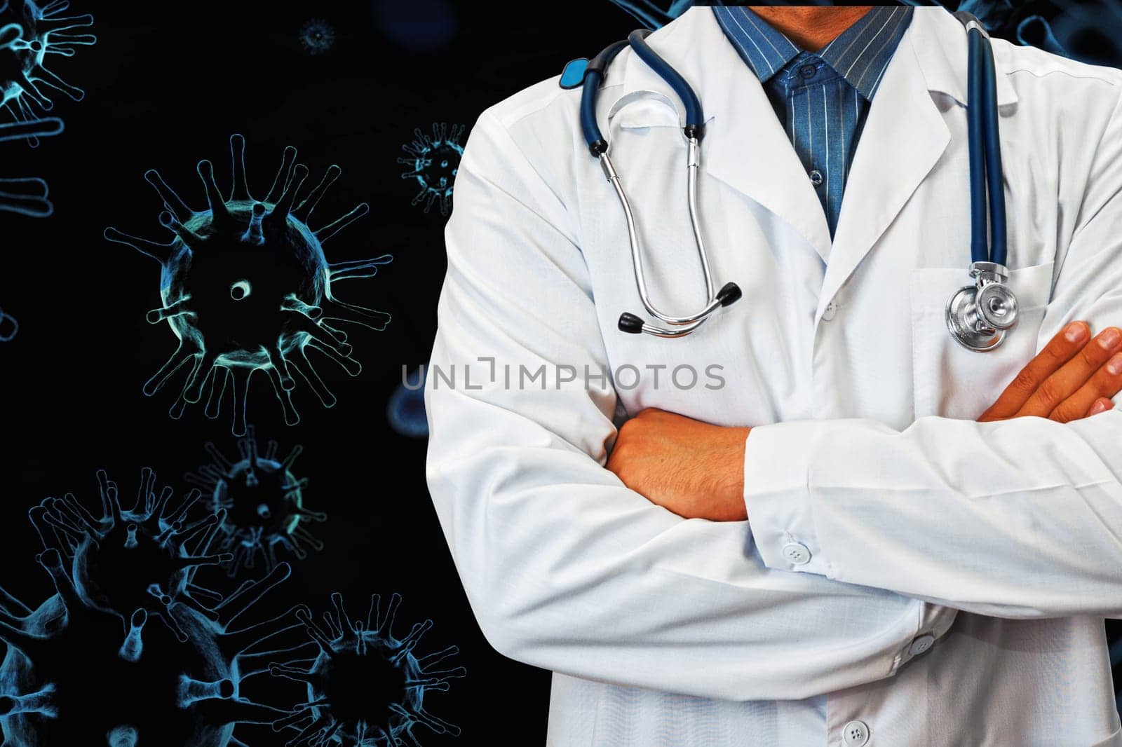 Male doctor on 3d generated COVID-19 background. Concept of corona virus.
