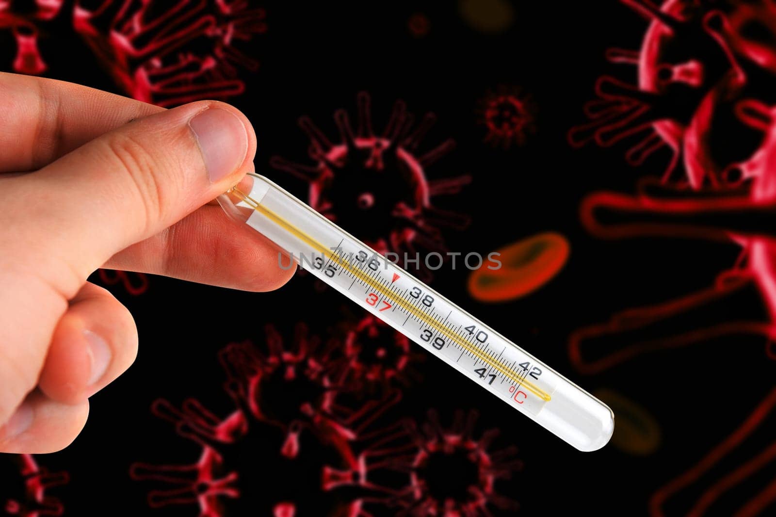 Hand with a medical thermometer on 3d generated COVID-19 background. Concept of corona virus.