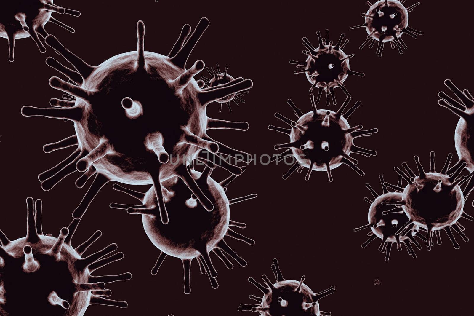 3D illustration of corona virus coronavirus COVID-2019 in microscope