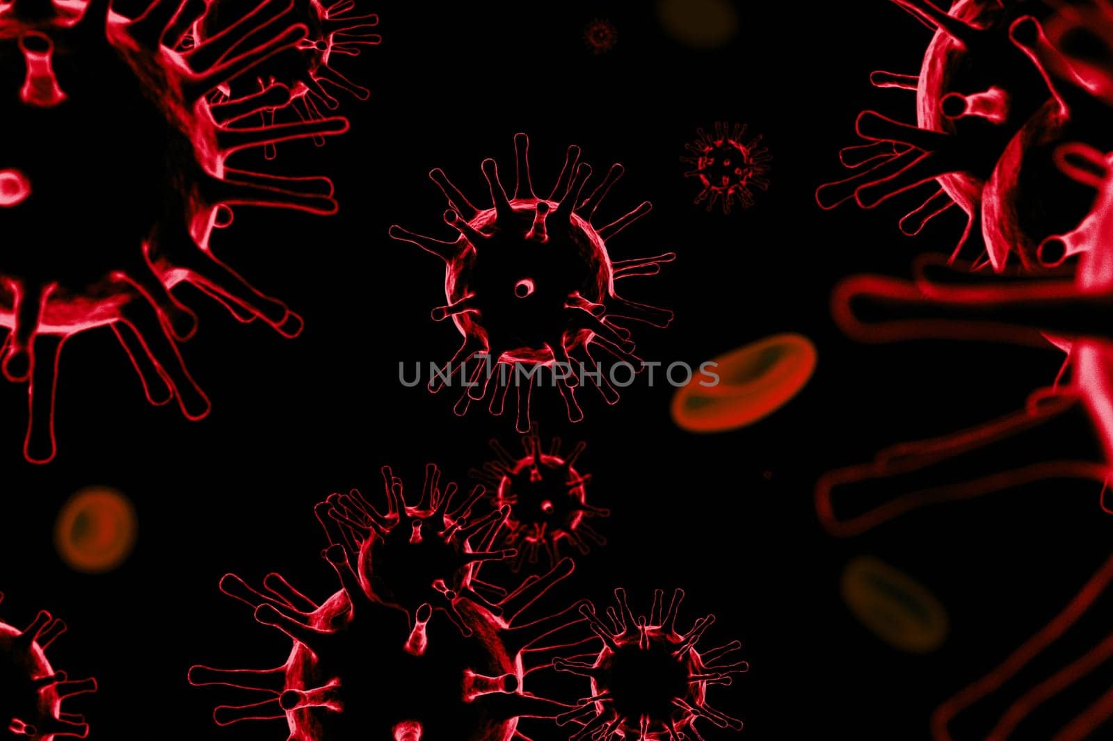 3D illustration of corona virus coronavirus COVID-2019 in microscope