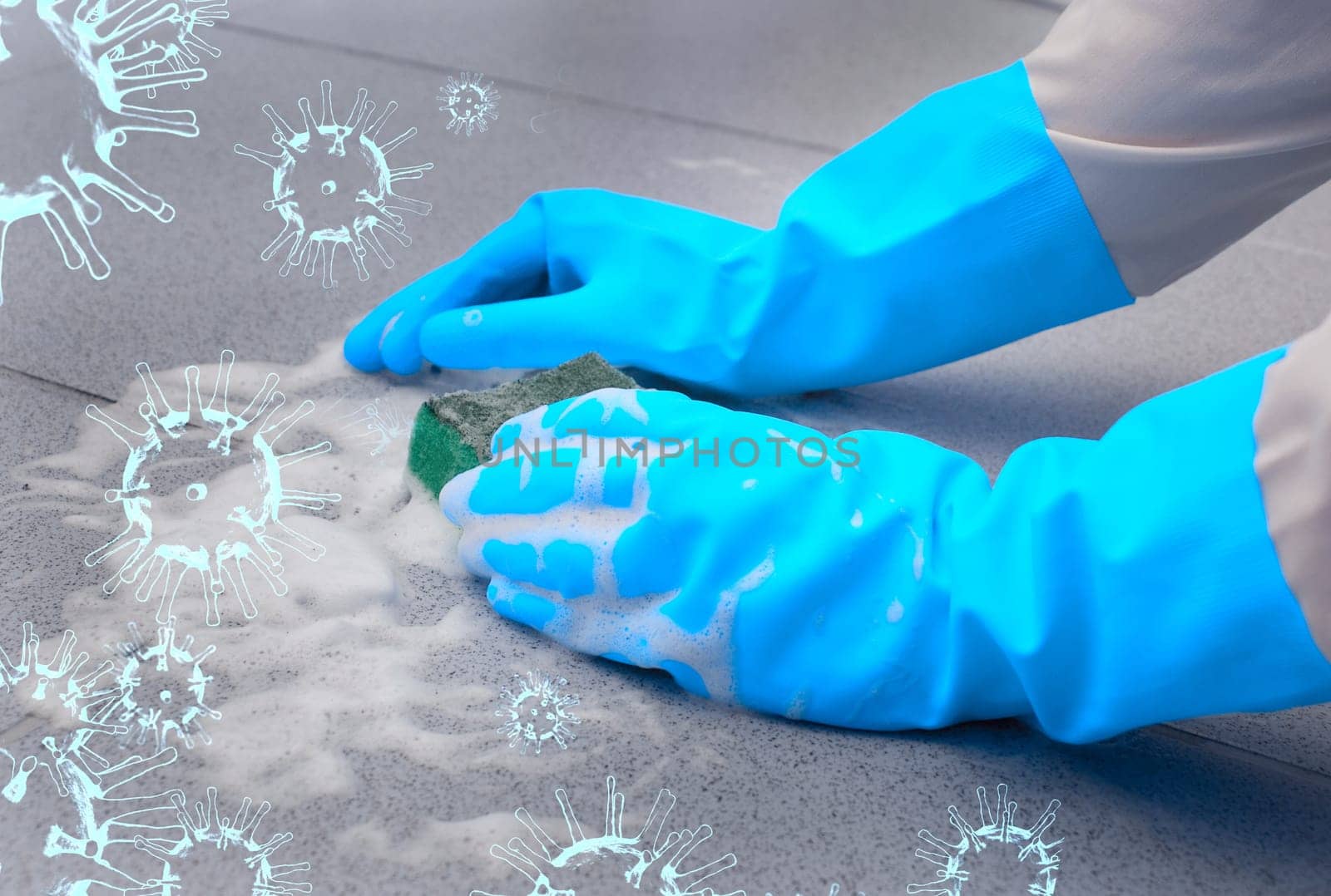washing floor by cleaning sponge, prevention COVID-19