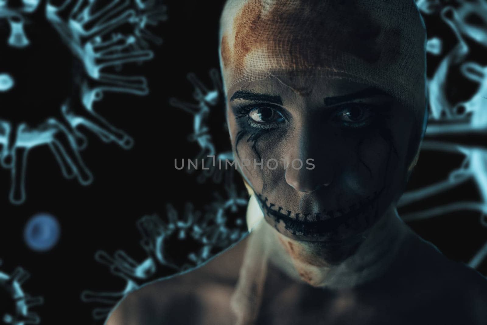 Horrible portrait of a sick woman on coronavirus background. Coronavirus disease concept.