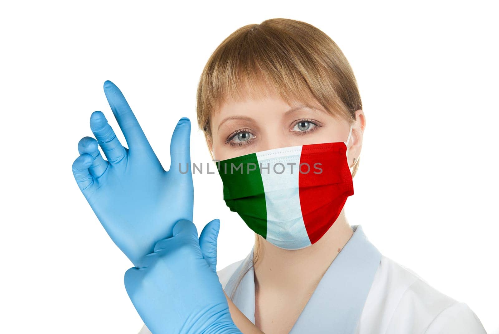 Closeup of a female healthcare professional nurse wearing a protection mask with Italy flag
