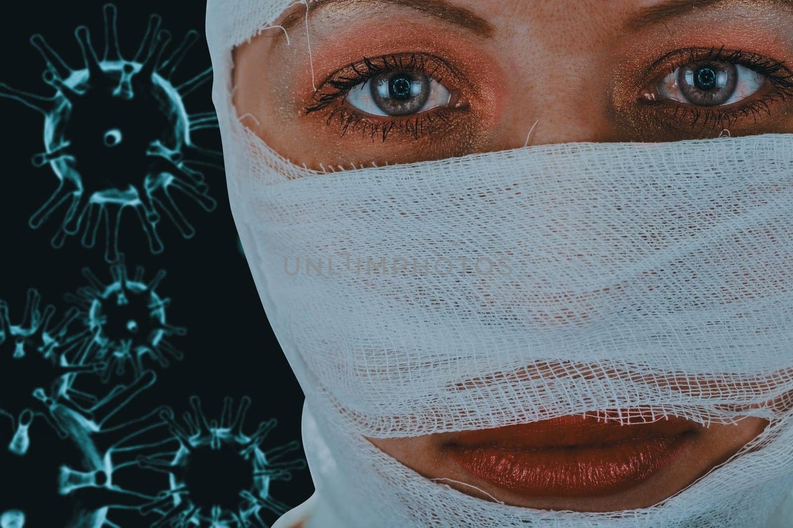 Woman with COVID-19 illustration on her pupils. Concept of infected COVID-19
