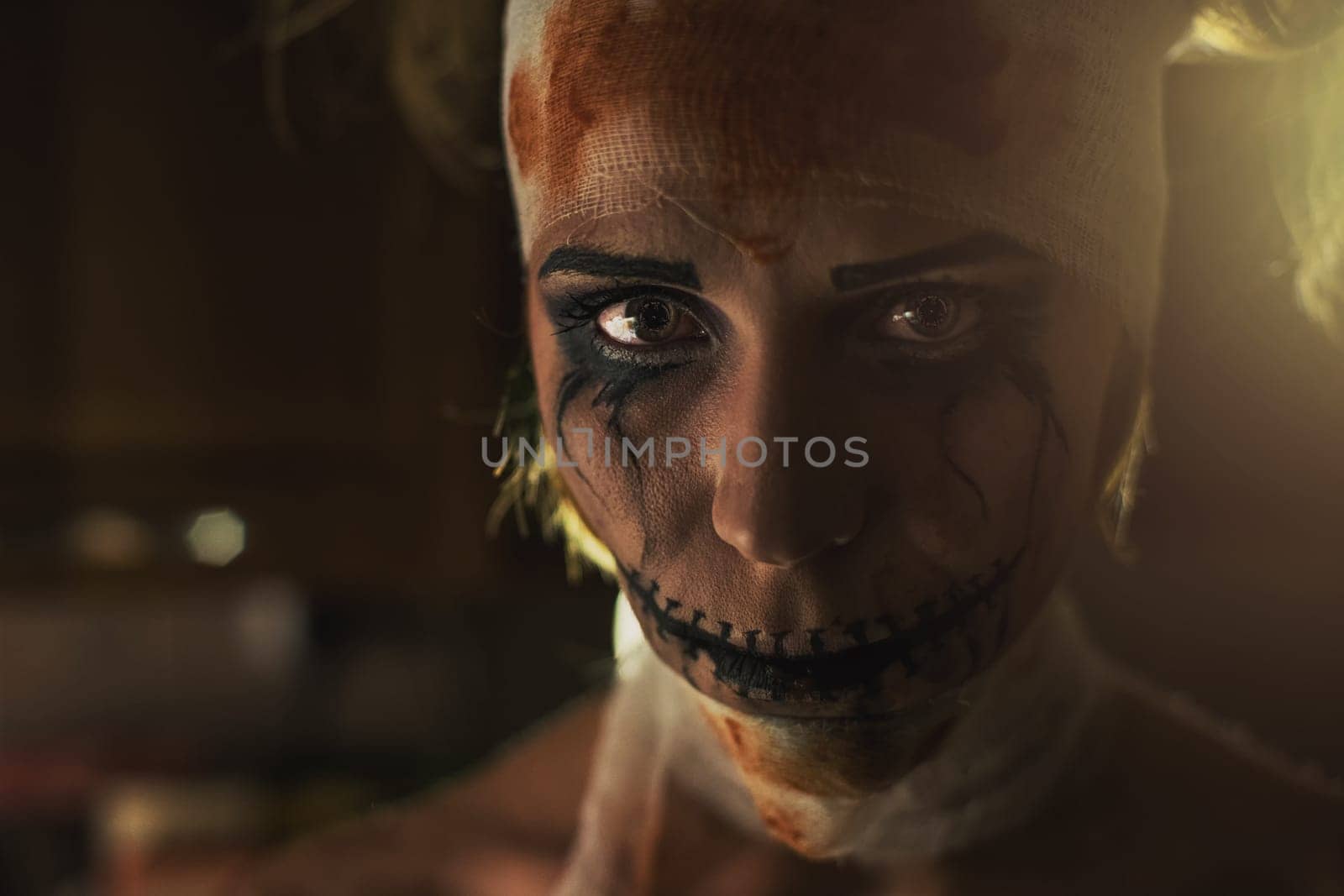 Horrible portrait of a sick woman with COVID-19 illustration on her pupils. Coronavirus disease concept.