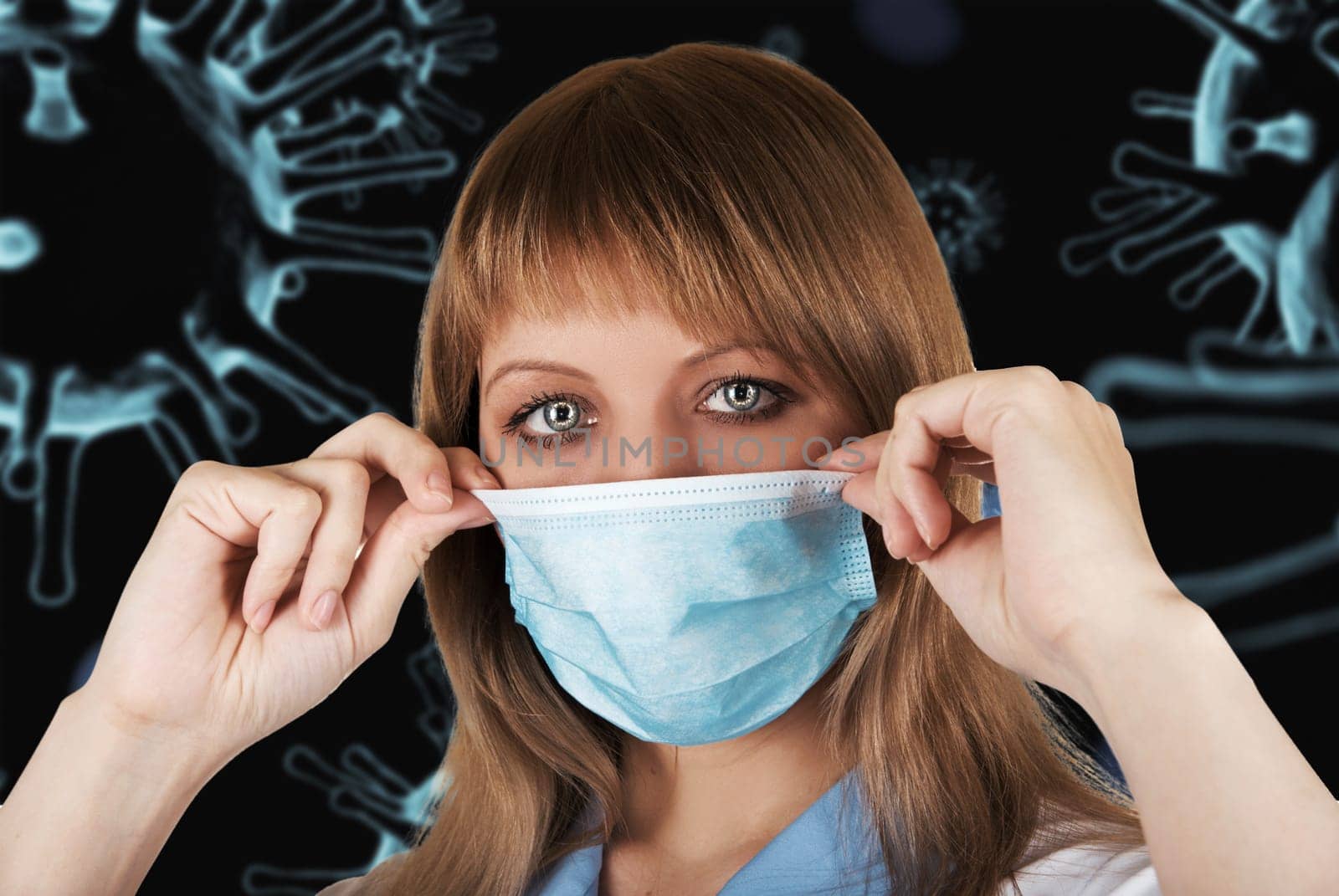 Woman with COVID-19 illustration on her pupils. Concept of infected COVID-19