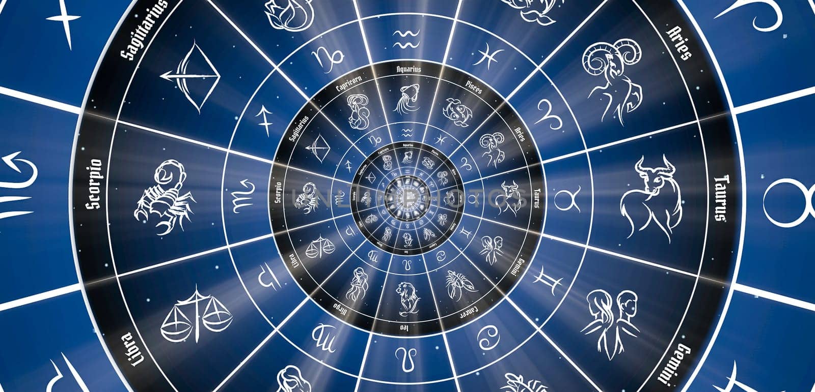 Blue astrological background. Concept of horoscope, mystery, magic, astrological sign. Nobody.