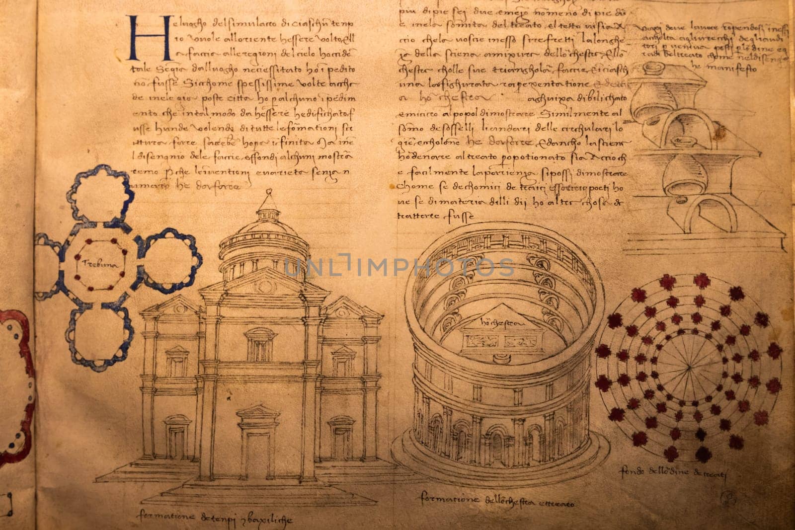 Turin, Italy - 12 December 2023: antique manuscript document with architectural studies by Giorgio Martini, 1486 circa - Royal Library