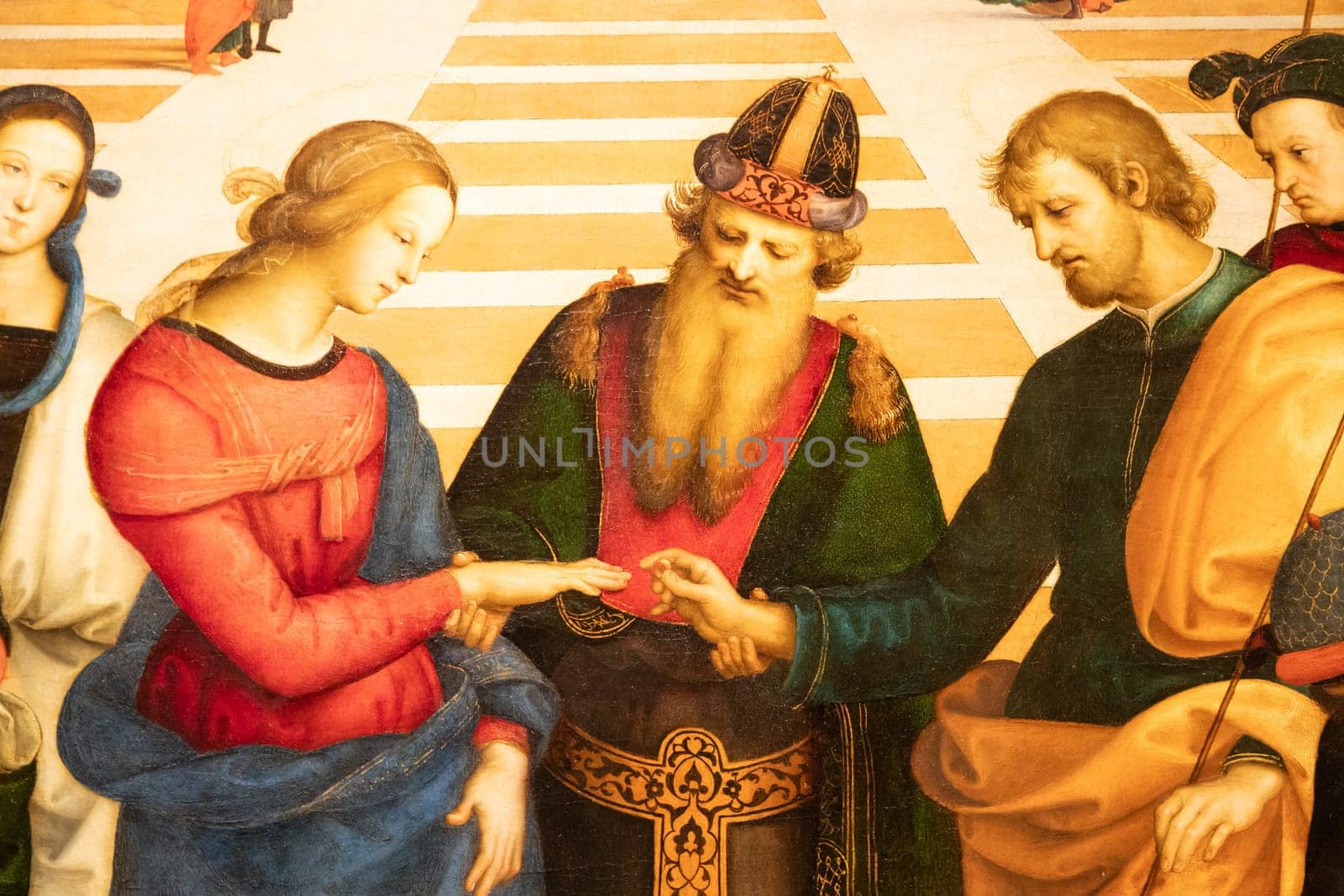 Milan, Italy - 23 September 2023: Brera antique painting museum. Marriage of the Virgin, by Raffaello Sanzio - Raphael, 1504