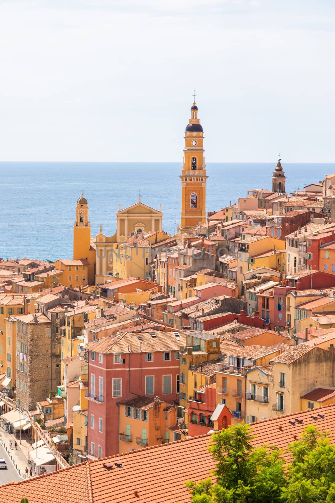 Menton, France - 18 August 2024: view of the French riviera village with blue sky and sea