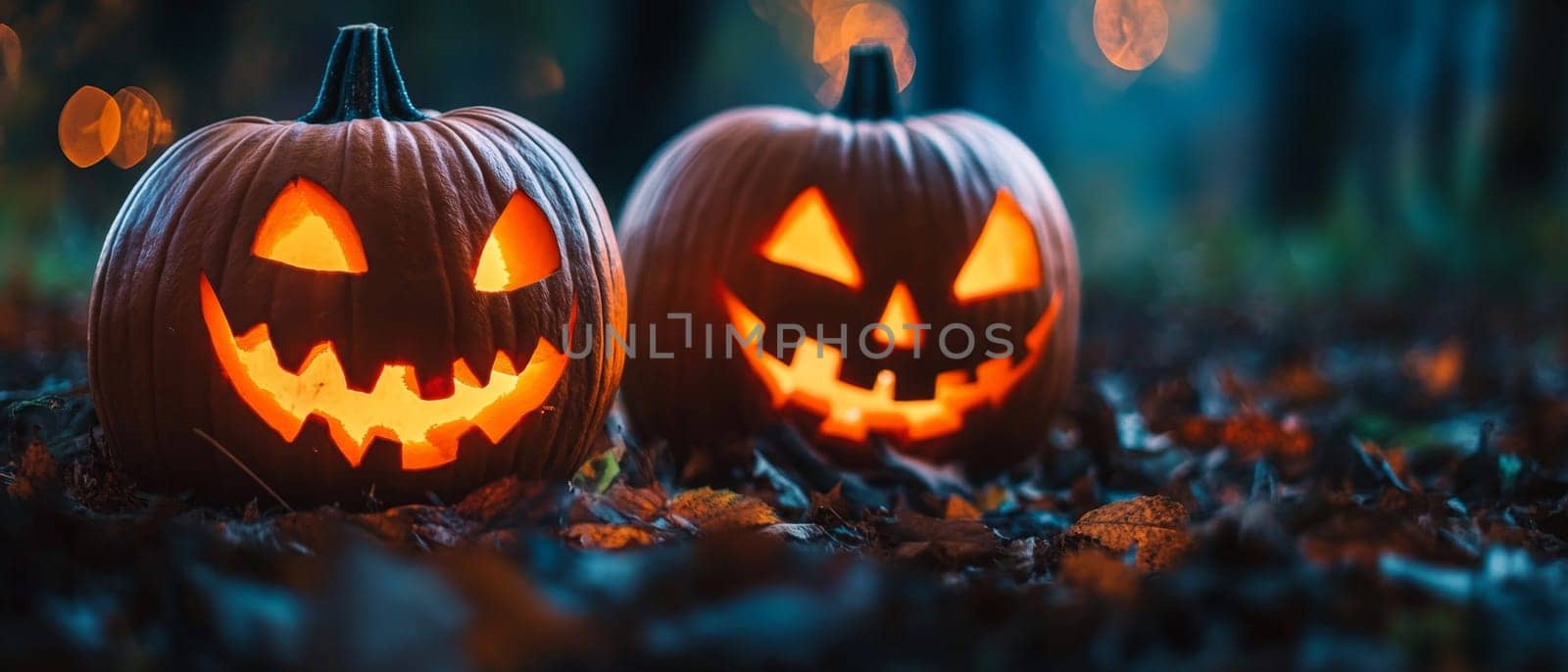 Two carved pumpkins with eerie glowing faces in a dark, autumn setting. Halloween scene with spooky jack-o'-lanterns.