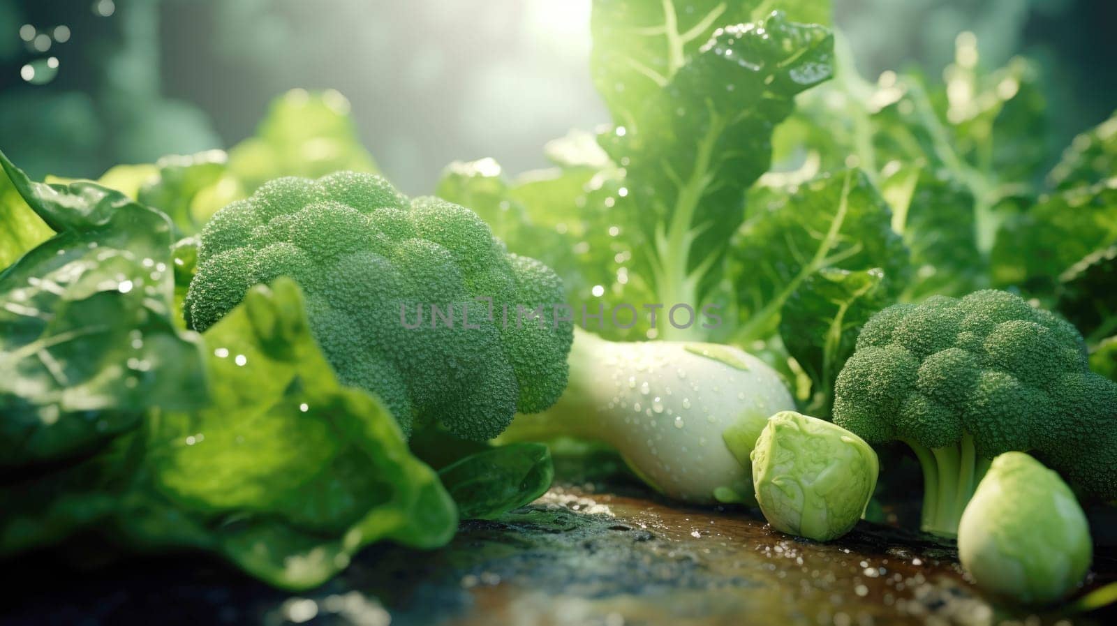 Fresh vegetables arranged outdoors with sunlight in background, healthy eating concept, AI Generated