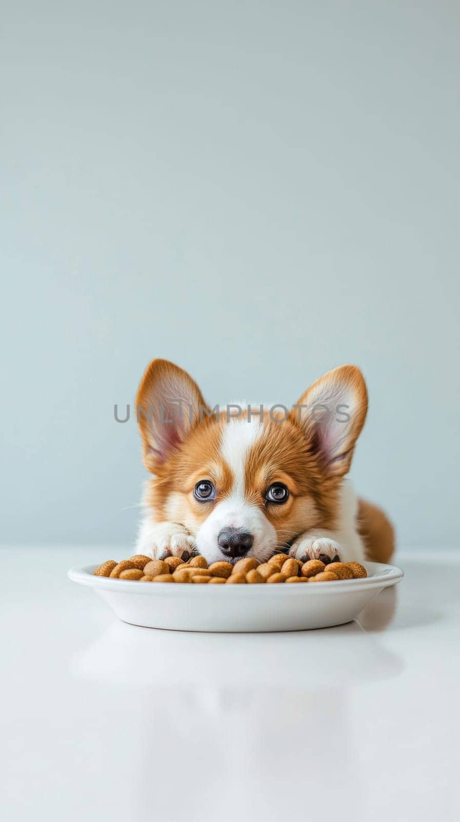 Cute puppy looking at a bowl of dog food on color background, copy space, AI Generated