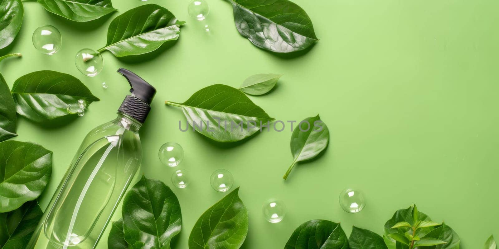 Spray bottle with green leaves in nature background, AI Generated
