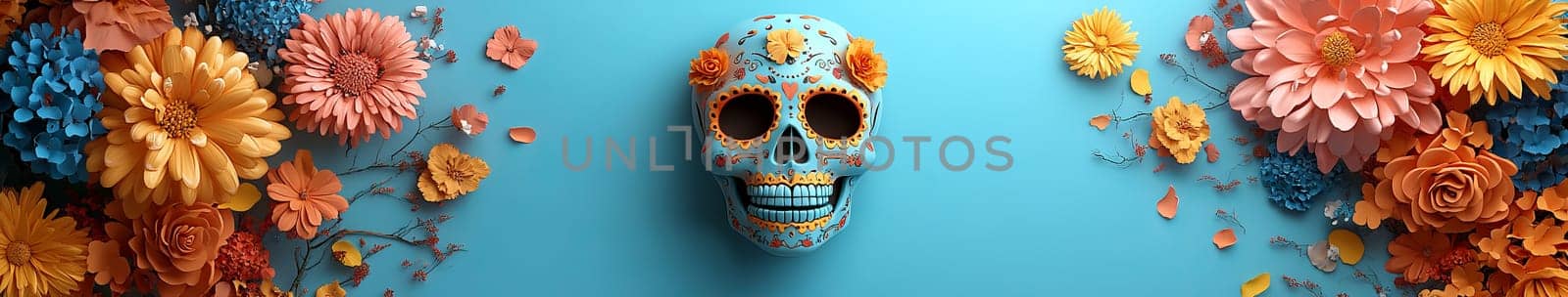 Colorful sugar skull surrounded by vibrant flowers on color background, AI Generated