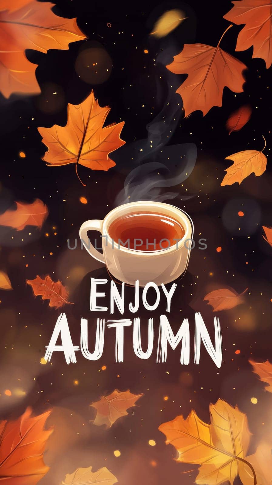 Autumn warm coffee cup on wooden table with falling leaves and enjoy autumn text, background, AI Generated