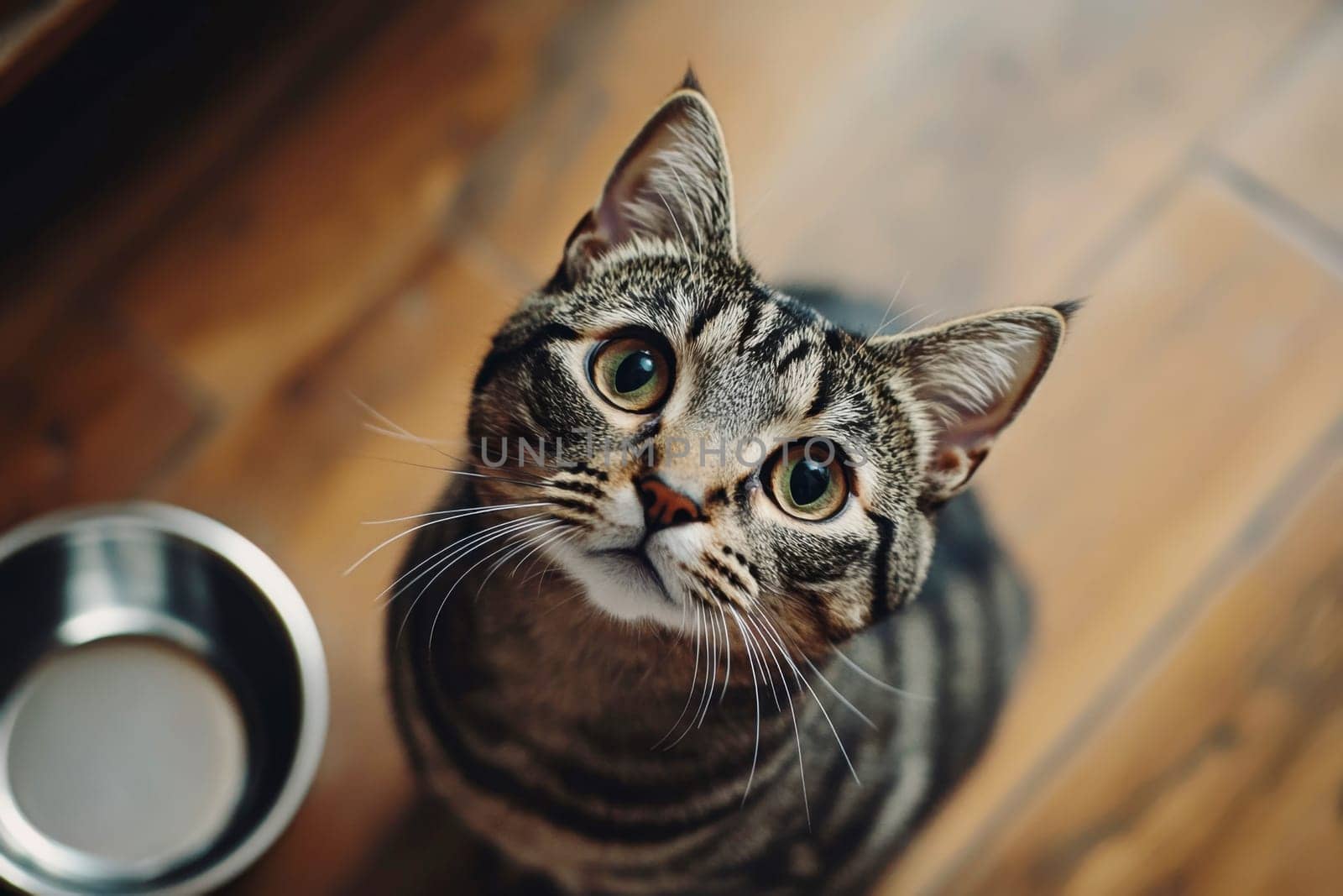 Tabby cat sitting on wooden floor near empty bowl, looking up, AI Generated