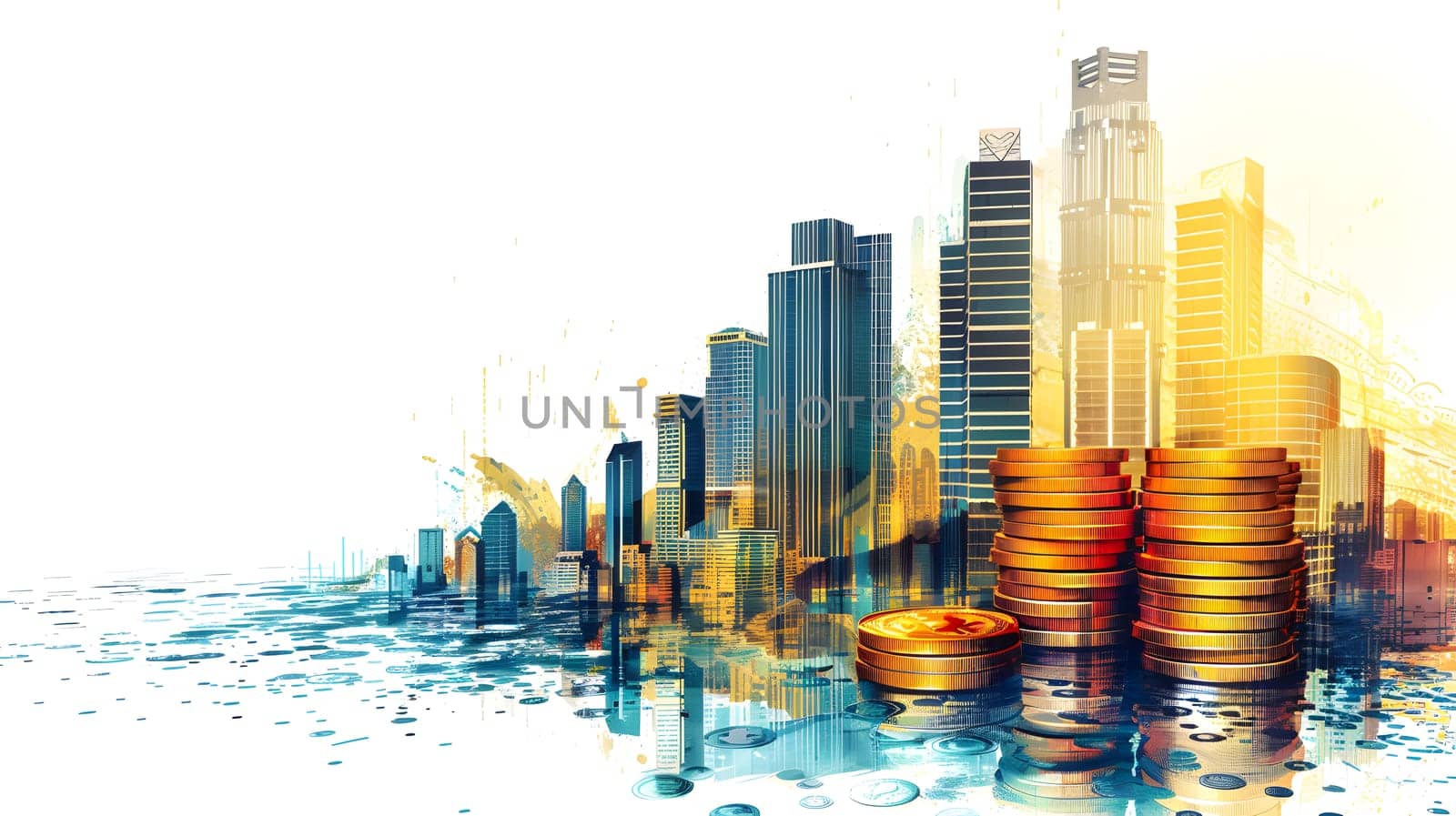 abstract business background with buildings and coins
