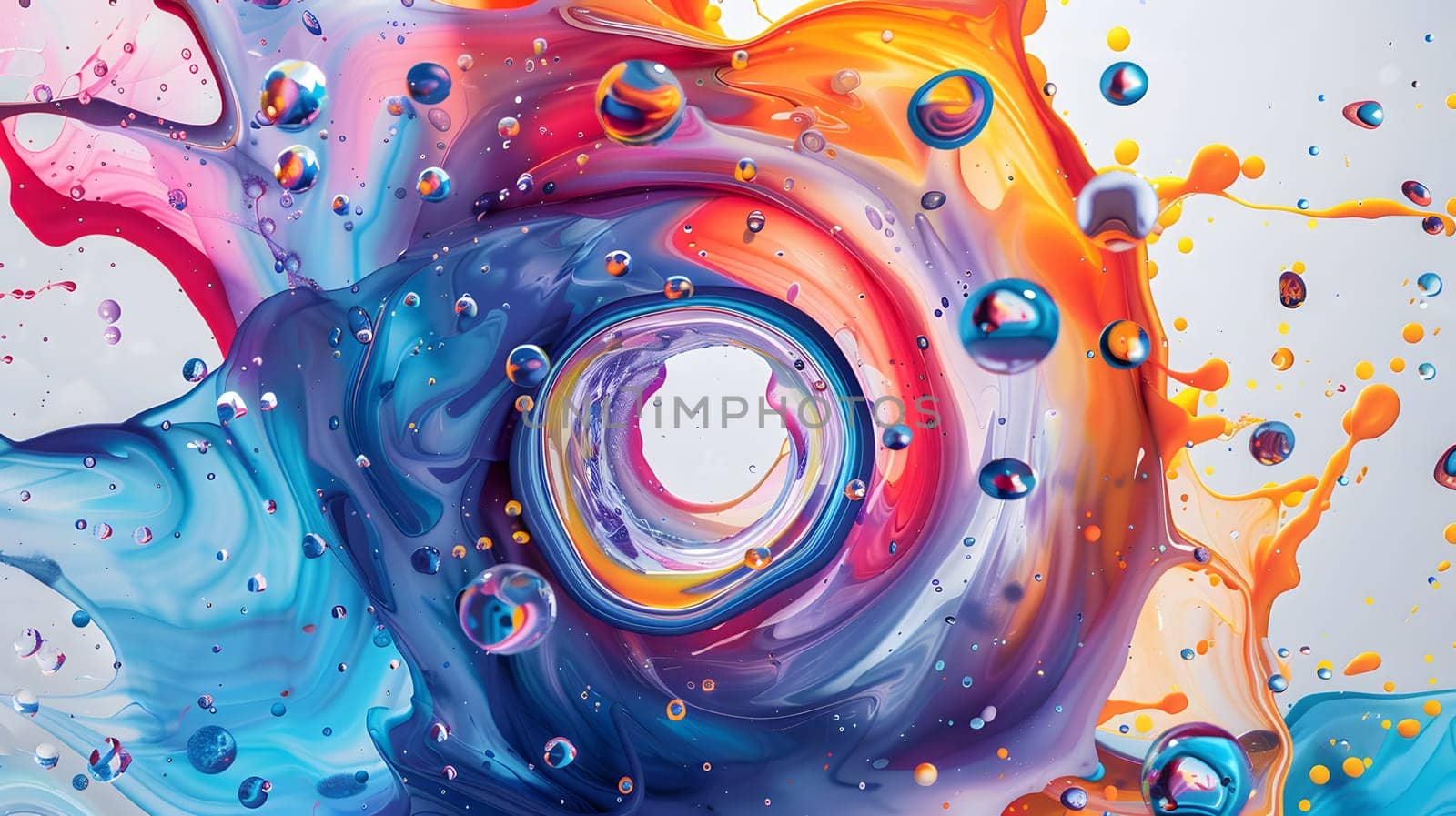 Abstract circle liquid motion flow explosion. Curved wave colorful pattern with paint drops on white background