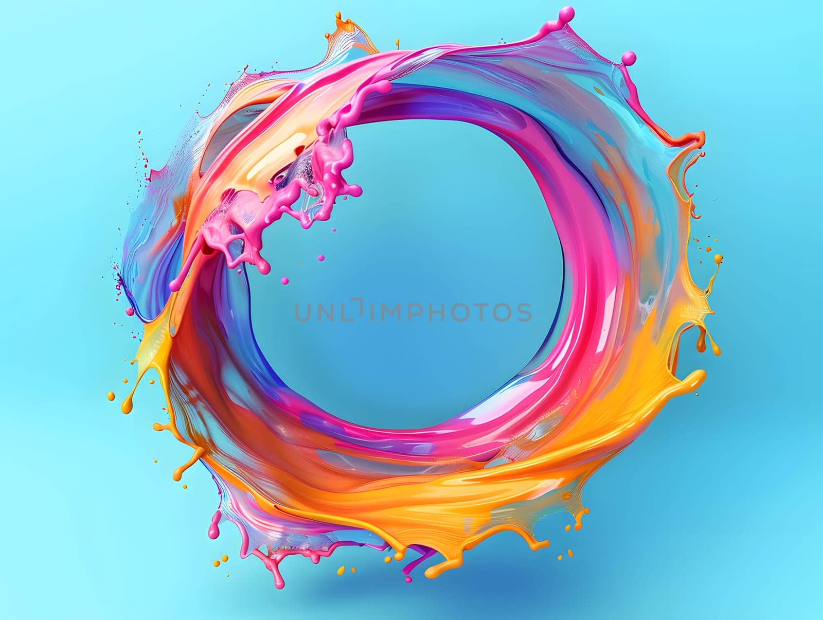 Abstract circle liquid motion flow explosion. Curved wave colorful pattern with paint drops on white background