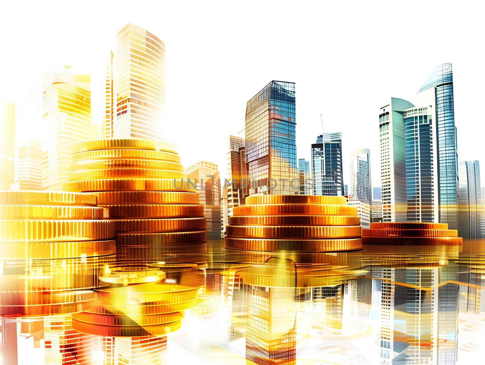 abstract business background with buildings and coins