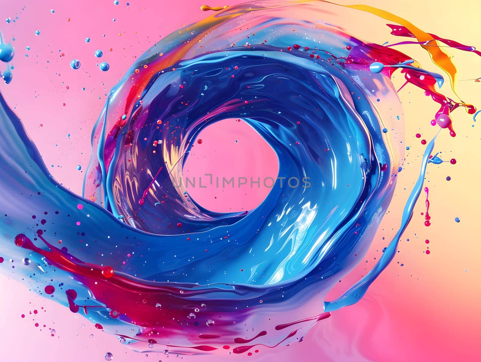 Abstract circle liquid motion flow explosion. Curved wave colorful pattern with paint drops on white background