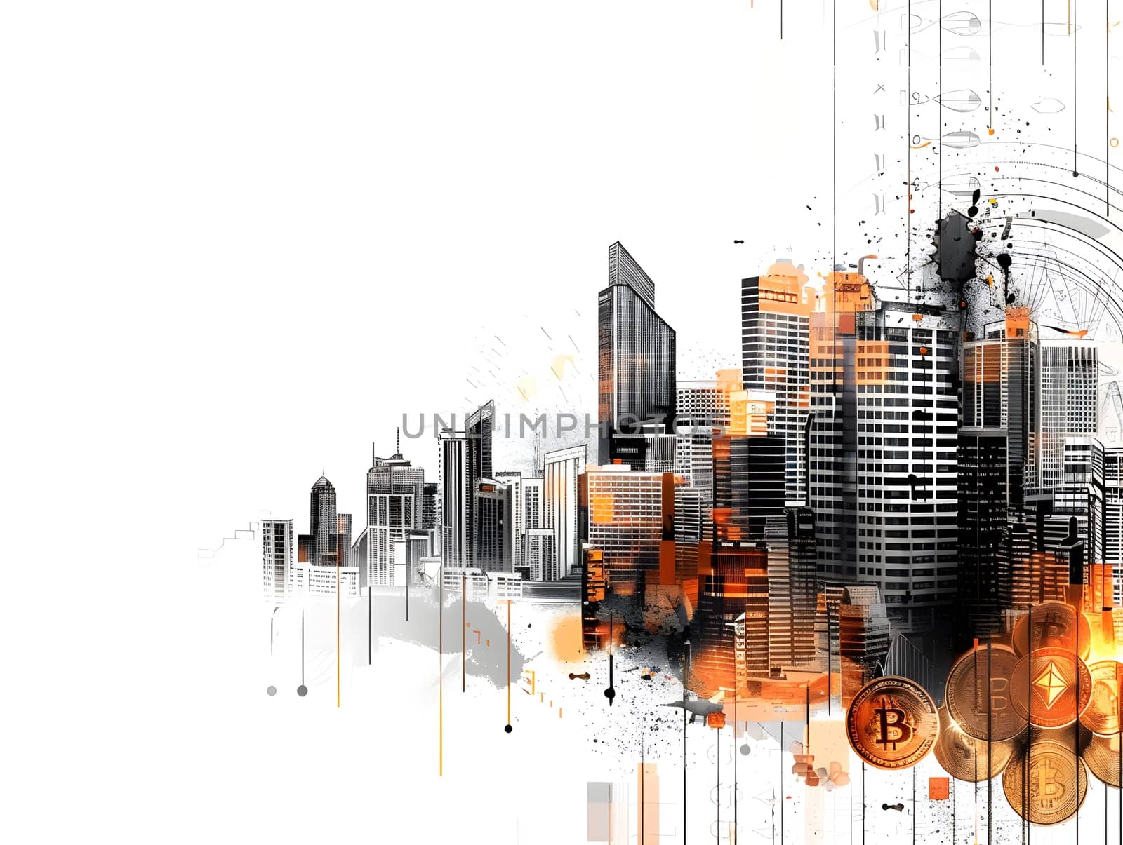 abstract business background with buildings and coins