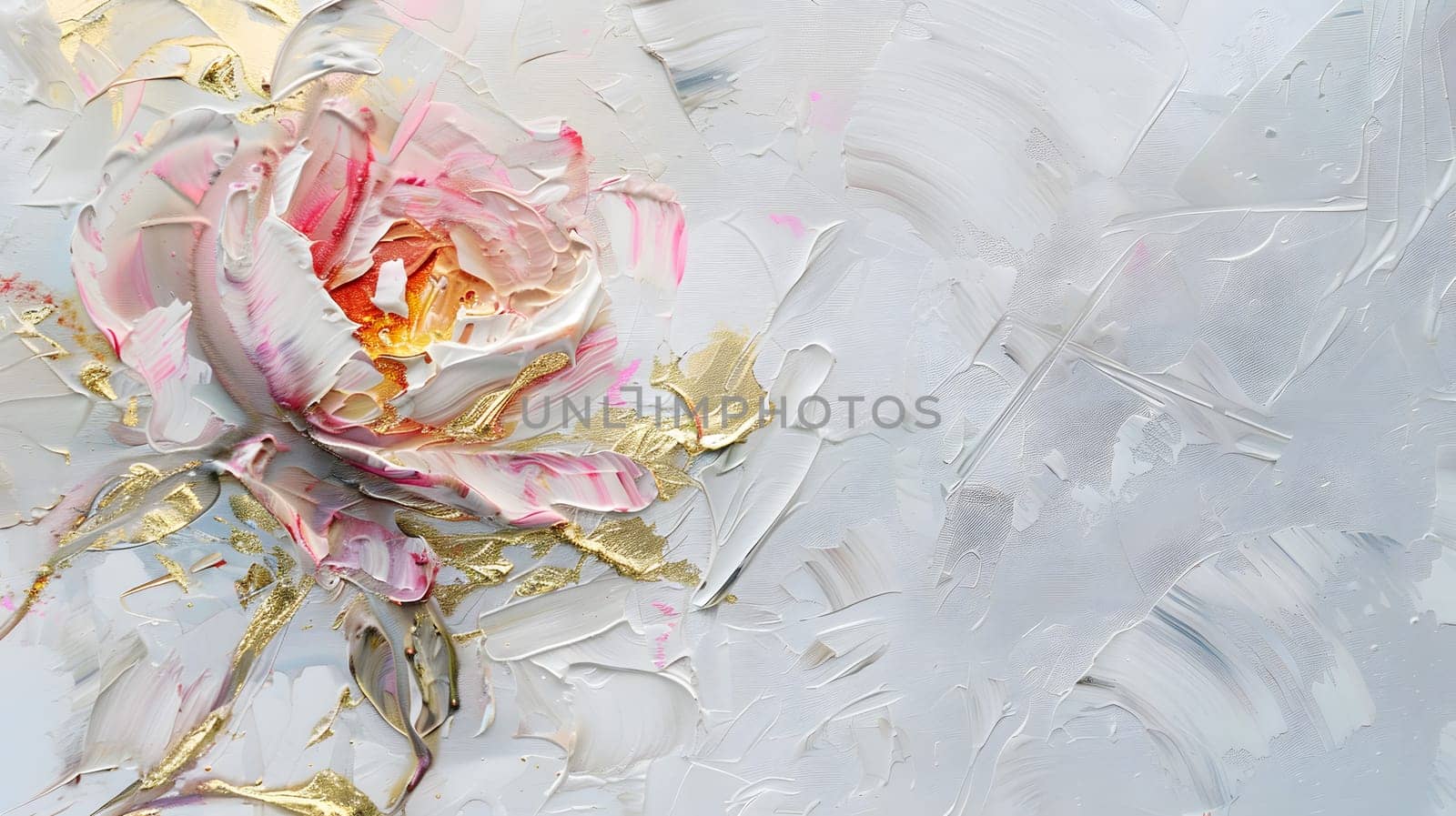 abstract floral oil painting gold and blue hydrangea flower on white background