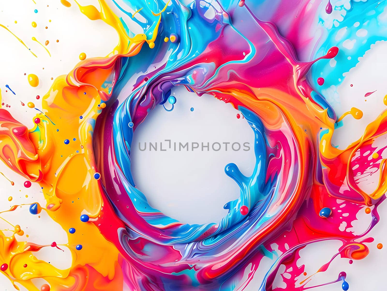 Abstract circle liquid motion flow explosion. Curved wave colorful pattern with paint drops on white background