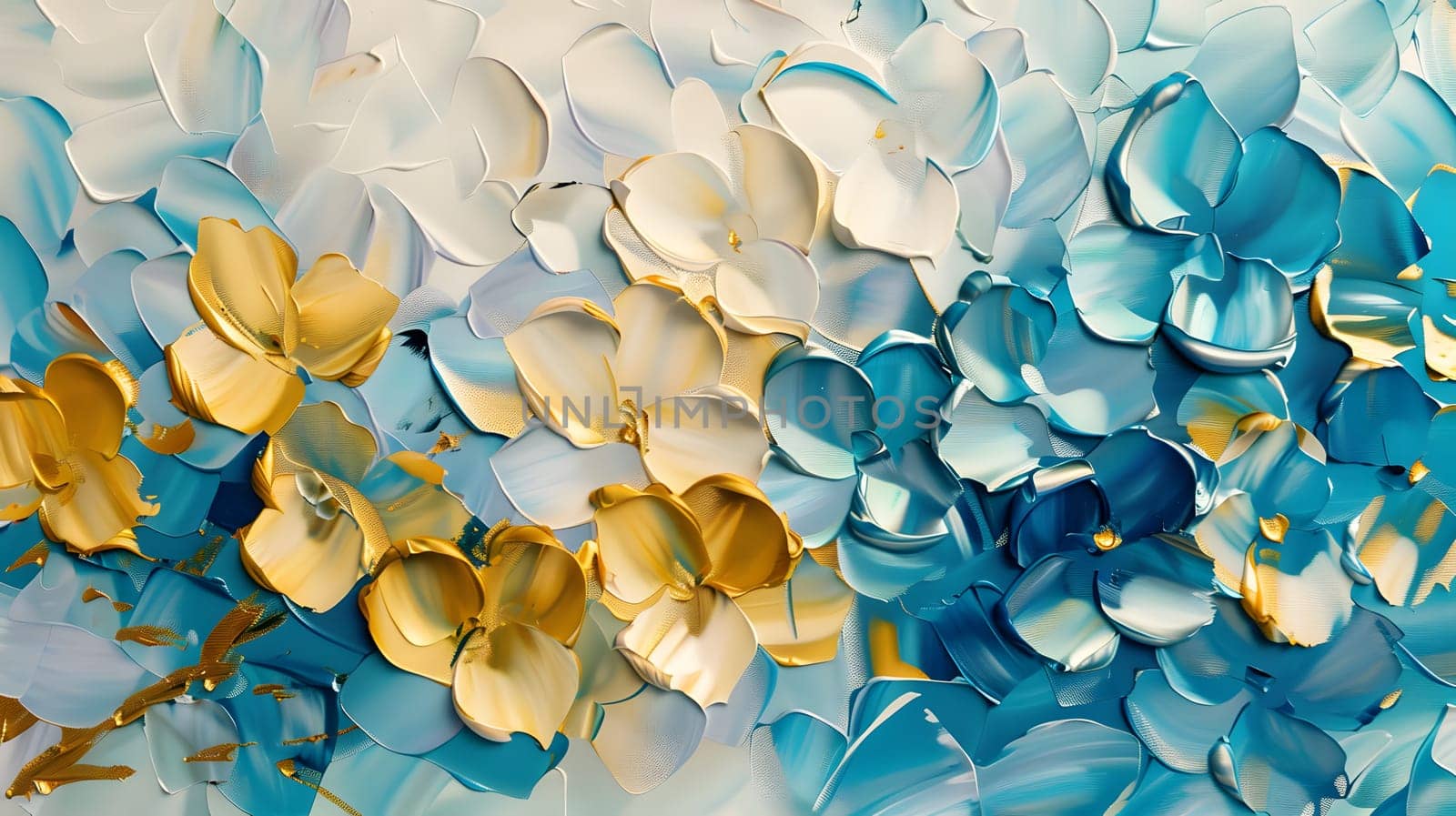 abstract floral oil painting gold and blue hydrangea flower on white background