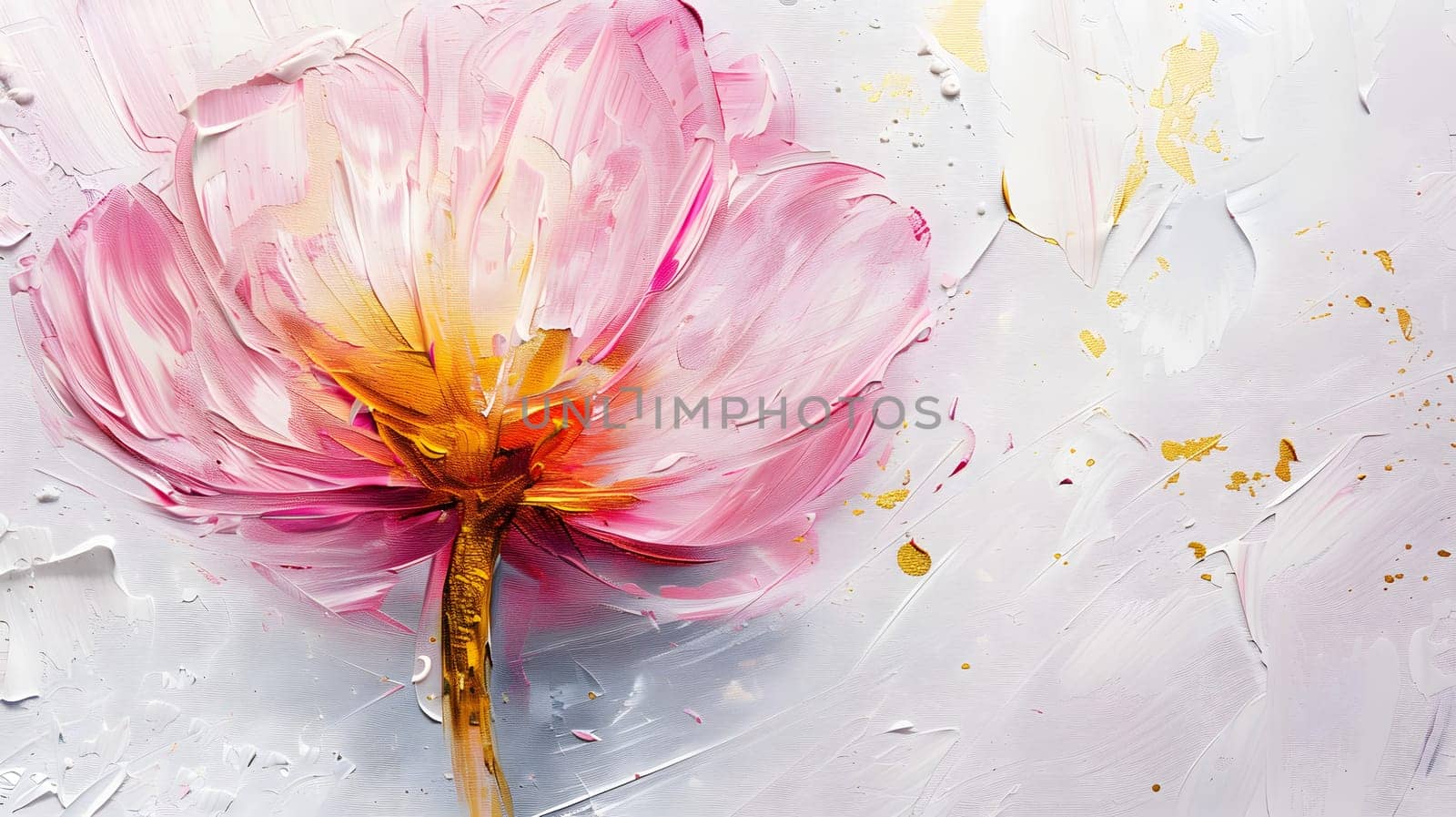 abstract floral oil painting gold and blue hydrangea flower on white background