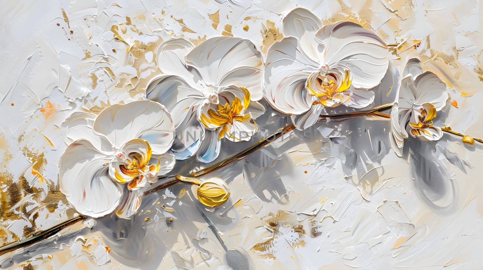 abstract floral oil painting gold and blue hydrangea flower on white background