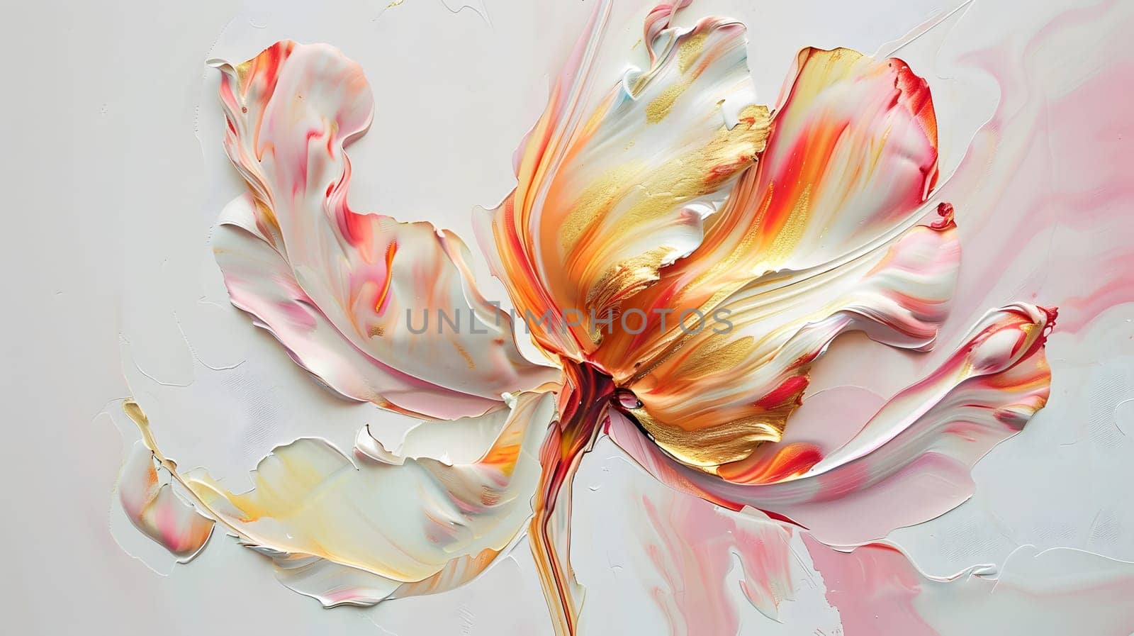abstract floral oil painting gold and blue hydrangea flower on white background
