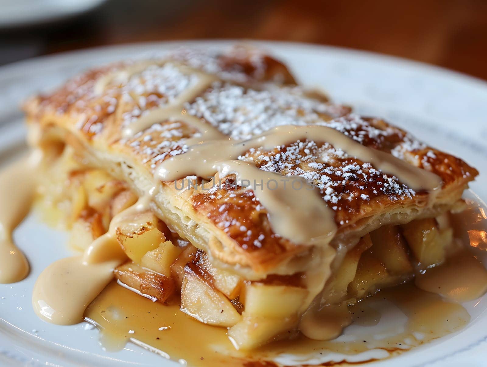Apple strudel with vanilla sauce served warm