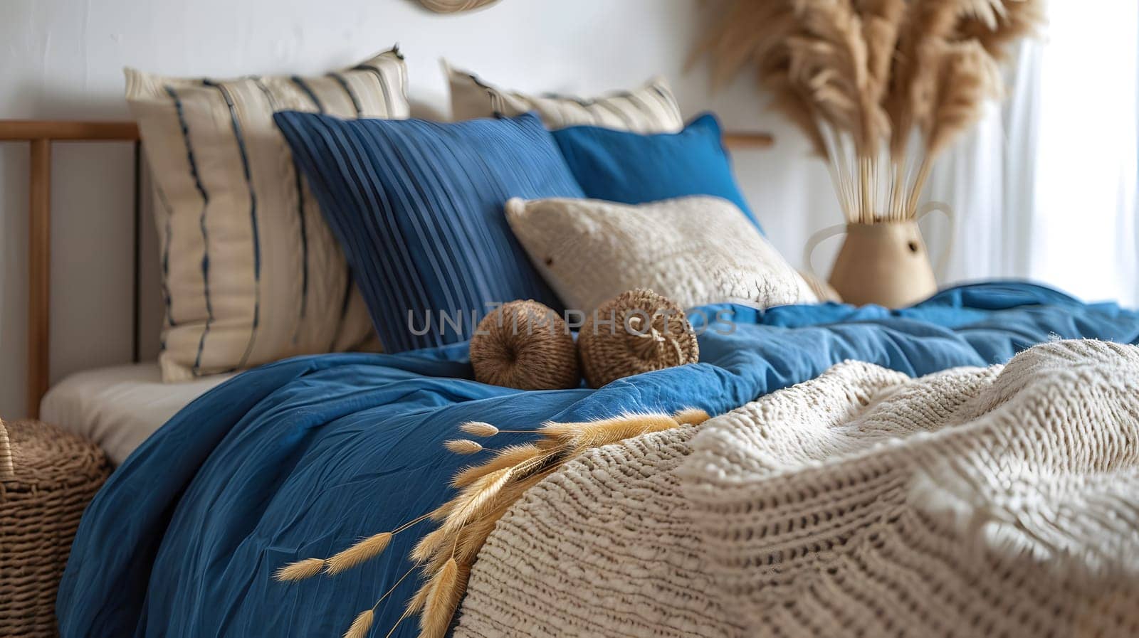 Bed with blue and beige bedding. Boho farmhouse interior