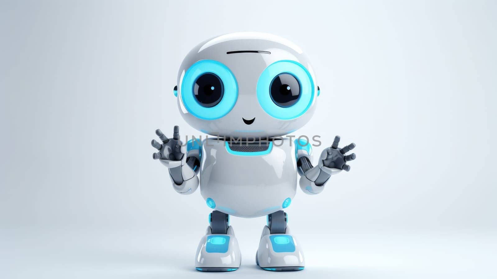 Cute robot friendly digital assistant character with glowing blue lights, AI generated
