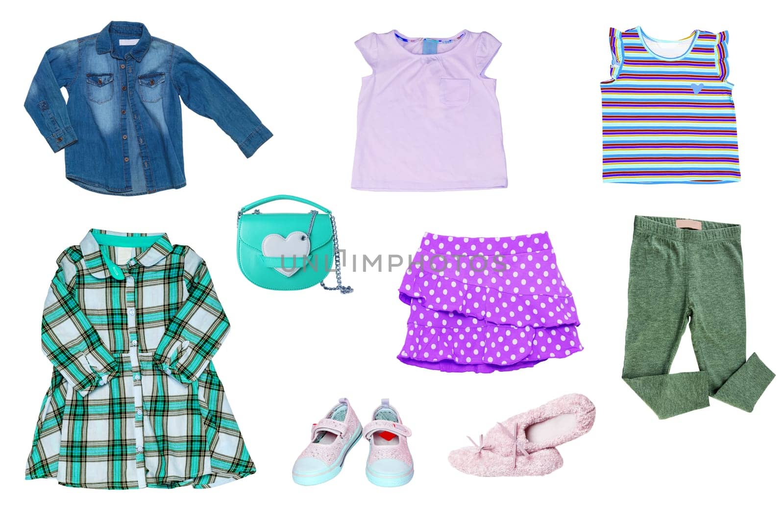 Collage set of little girl summer clothes isolated on white. Kids apparel collection. Childs fashion clothing outfit. Skirt, shorts, shirt, dresses, jeans, bag, sweater, shoes.