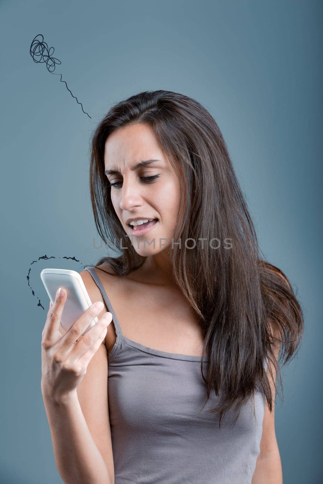 Young woman is holding a smartphone and feeling confused while reading a text message with a thought bubble above her head