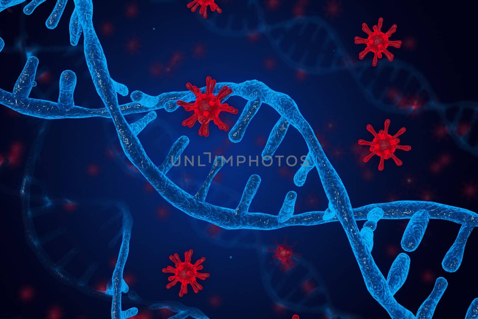3D illustration of DNA and coronavirus disease infection COVID-2019 in microscope. Concept of virus integrates into the human cellular mechanism.