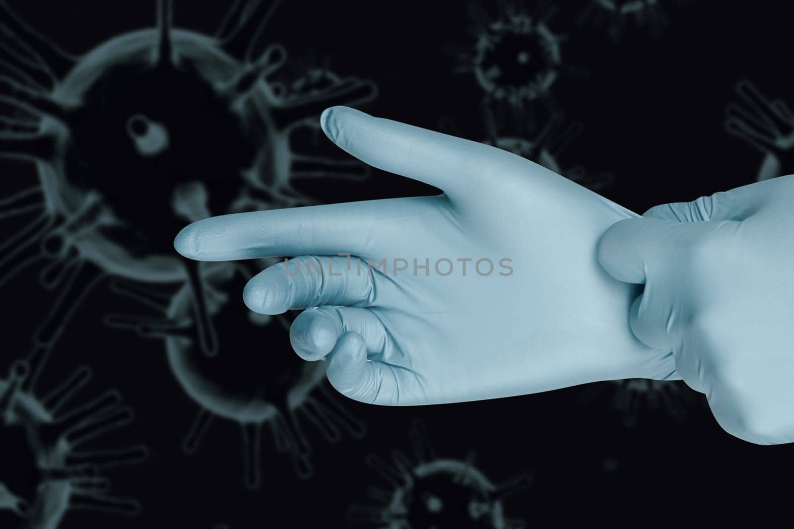 Hand in protective gloves on corona virus COVID-2019 background.