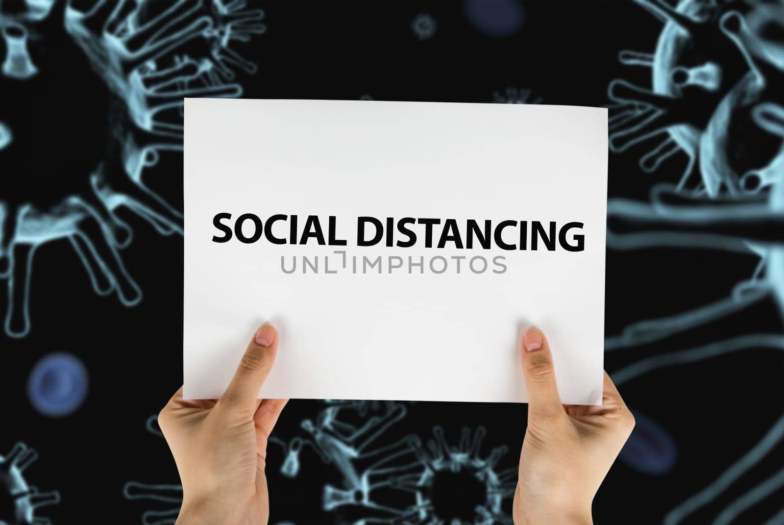 Hand keep sign Social Distancing on 3D illustration of coronavirus background