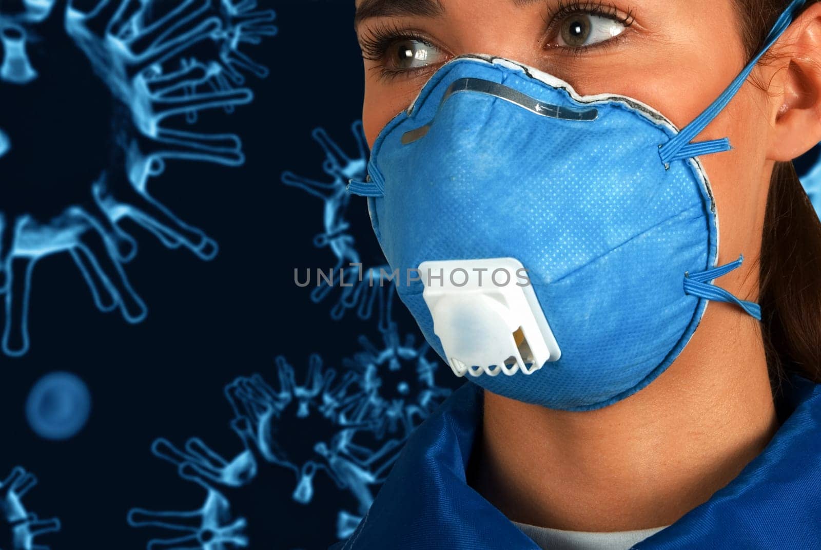 Female with protective mask on COVID-19 background.