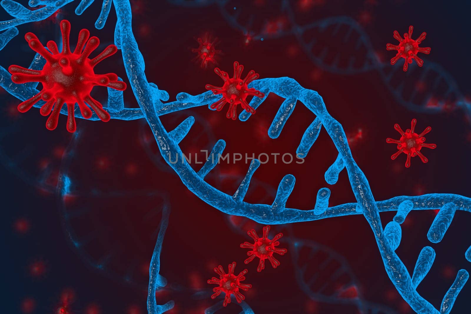 3D illustration of DNA and coronavirus disease infection COVID-2019 in microscope. Concept of virus integrates into the human cellular mechanism.