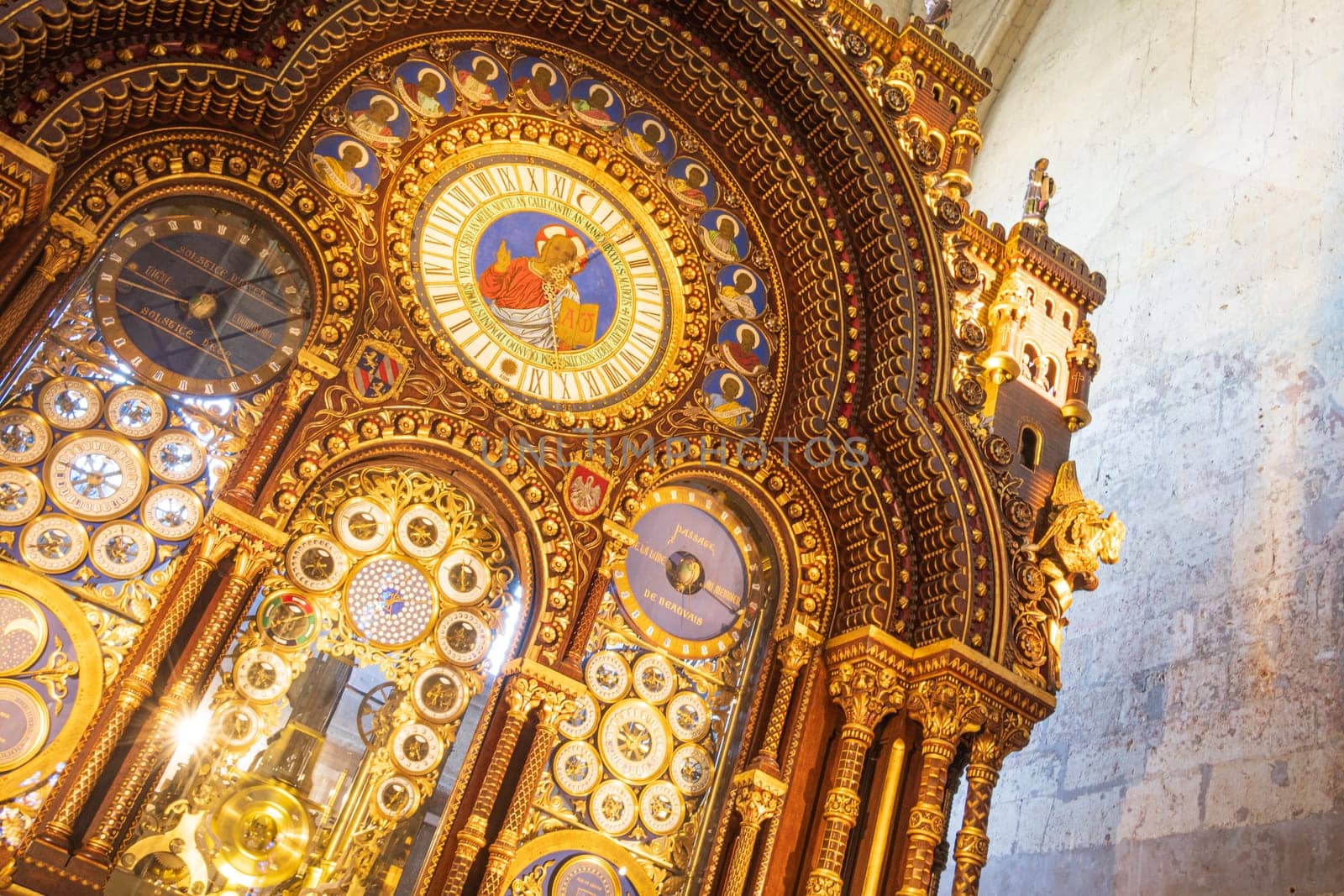 Beauvais, France - August 29 2024: Astronomical golden clock of Saint Peter’s cathedral in Beauvais, France (1866)