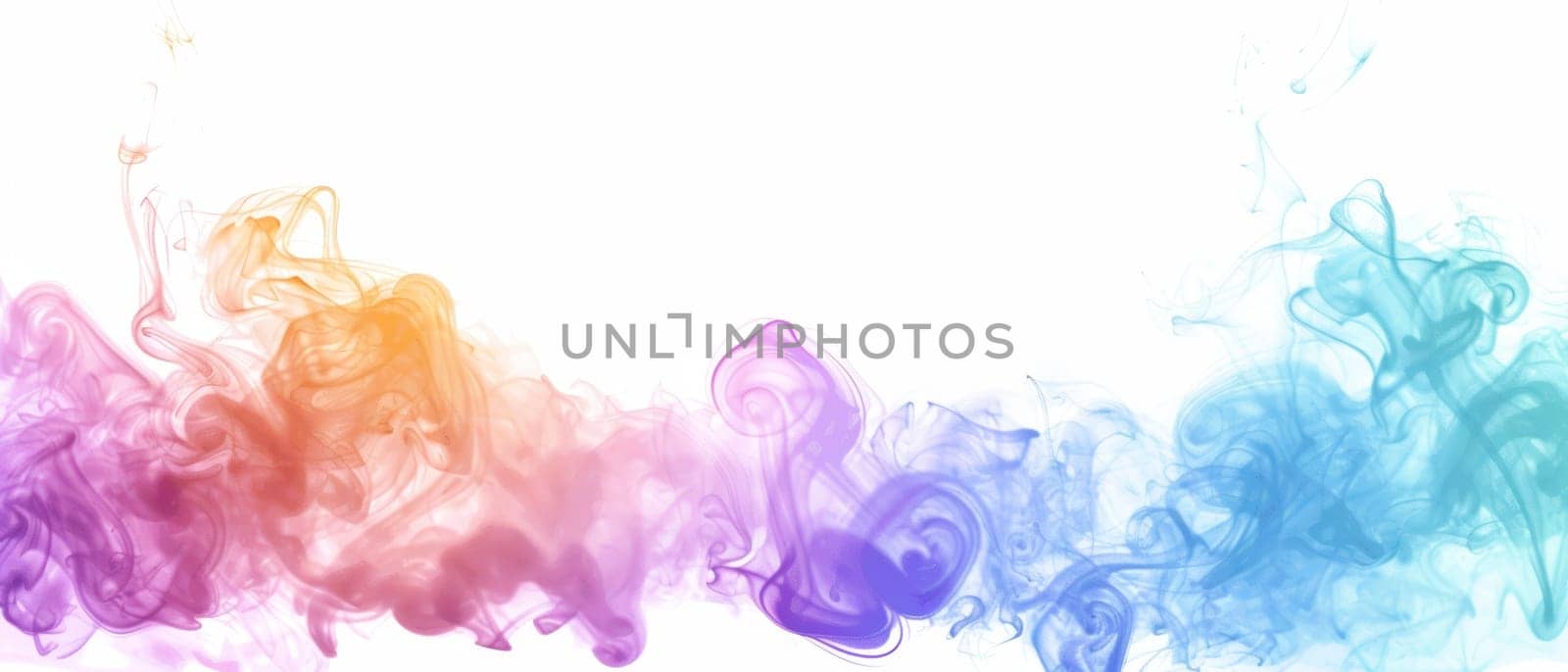 A panoramic image displaying a whimsical spread of multicolored smoke drifting across a light background