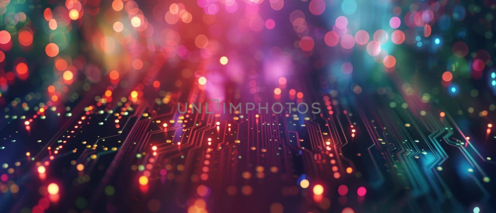 A vibrant, wide-angle perspective of a luminous circuitry pathway accentuated by neon light highlights