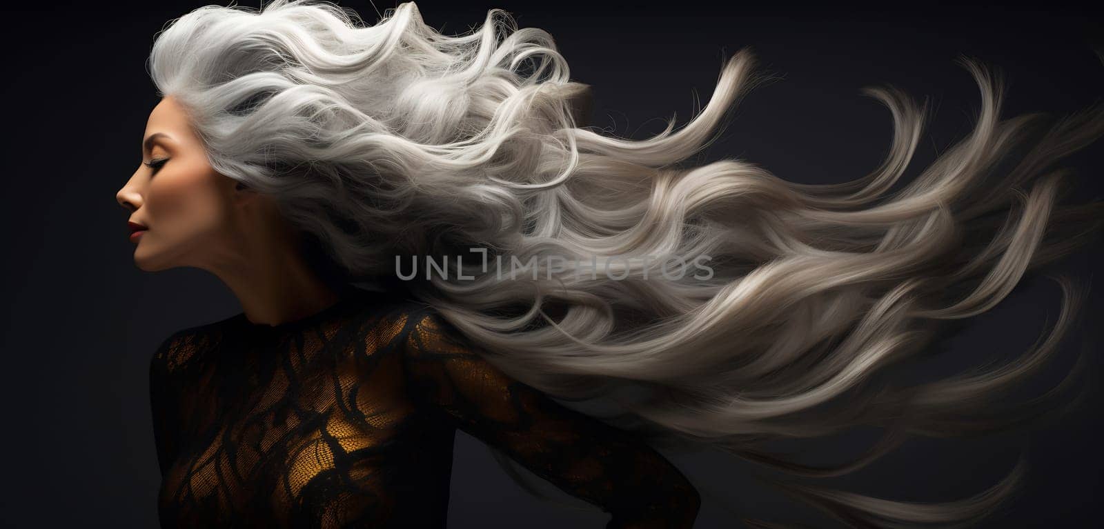 Dramatic image of a woman with swirling silver hair and a gaze that captivates.
