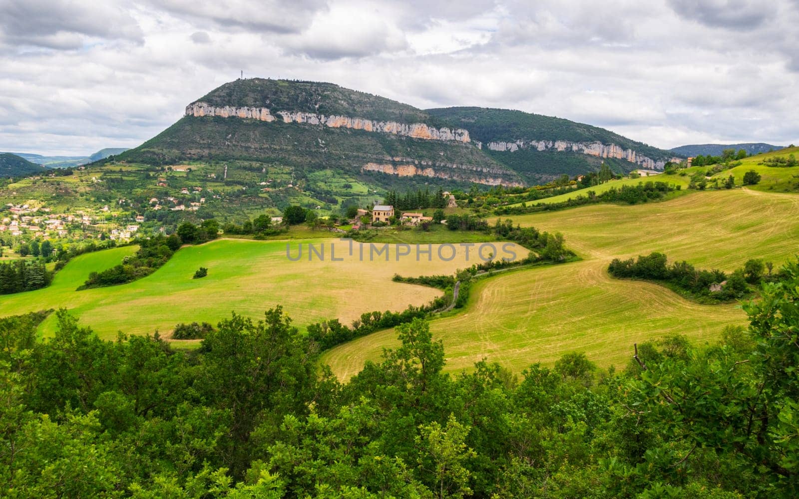 The Causse Noir limestone plateau, east of the town of Millau in the department of Aveyron, France. One of Grands Causses, plateaus listed as UNESCO World Heritage Site